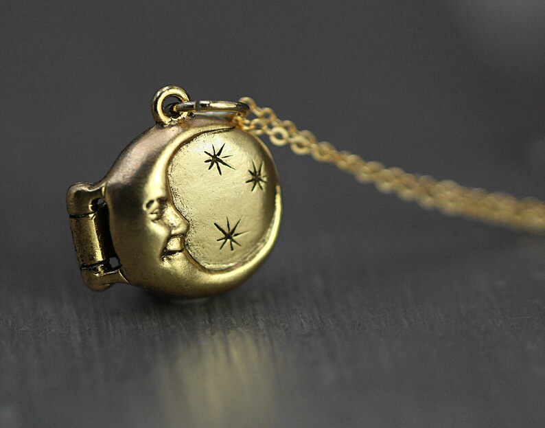Small celestial gold locket necklace. Dainty vintage moon & stars jewelry. Gift for her, mom, sister, best friend, bridesmaid. 