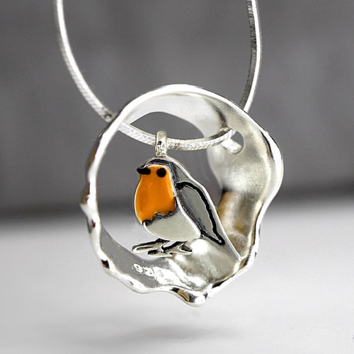 Red Robin bird necklace. Sterling silver and enamel. Nature inspired unique necklace for her.