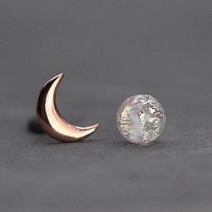 Tiny Rose Gold moon & glass opal stud earrings. Mismatched dainty earrings for her. Sterling rose gold plated. image 3