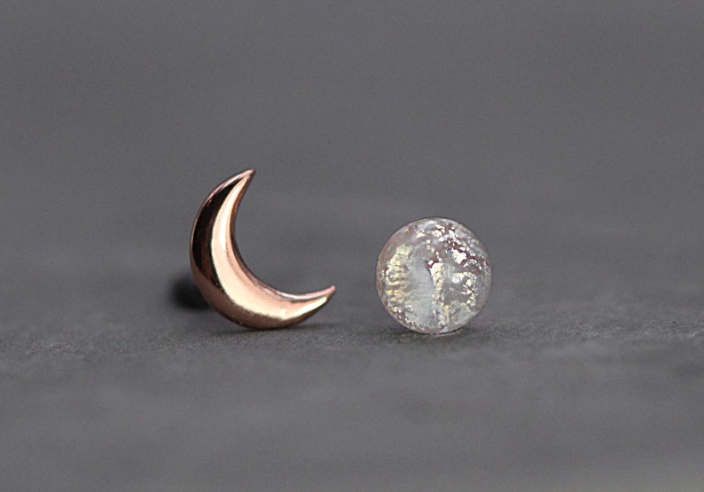 Tiny Rose Gold moon & glass opal stud earrings. Mismatched dainty earrings for her. Sterling rose gold plated. image 3