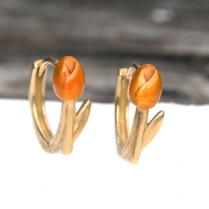 New: Tulip huggie earrings in color of your choice. Gold vermeil over sterling silver and enamel. Unique handmade nature jewelry for her. image 4