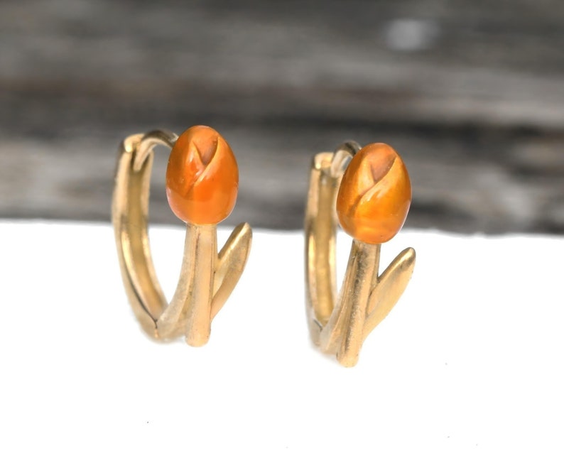 New: Tulip huggie earrings in color of your choice. Gold vermeil over sterling silver and enamel. Unique handmade nature jewelry for her. image 4