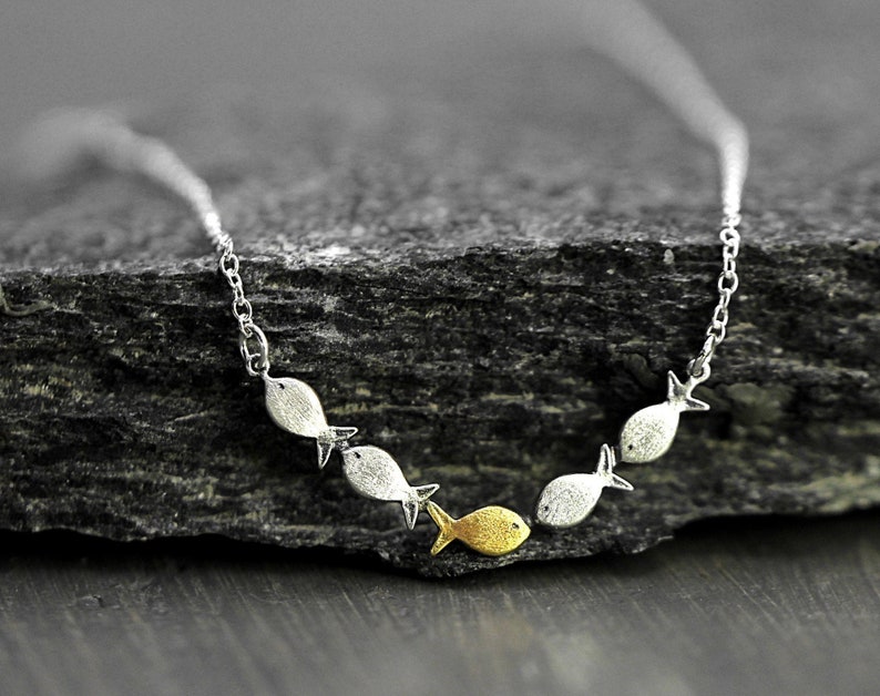 Swimming against the current. Dainty silver necklace. School image 1