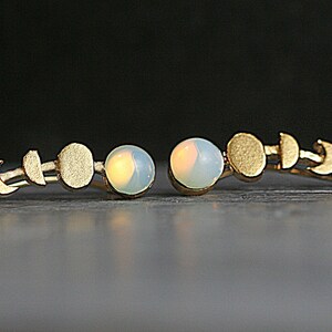 Moon Phase ear climbers. Ear crawler with glass opal. 18k gold over sterling earrings waning and waxing moon. image 4