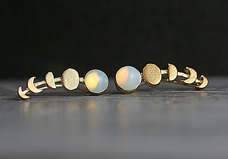 Moon Phase ear climbers. Ear crawler with glass opal. 18k gold over sterling earrings waning and waxing moon. image 4