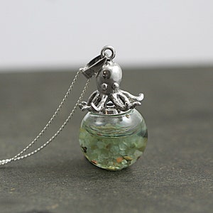 Sterling octopus seawater necklace. 925 sterling octopus carrying glass orb filled with seawater and tiny pebbles. Sterling necklace. image 7