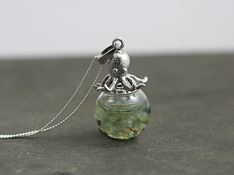 Sterling octopus seawater necklace. 925 sterling octopus carrying glass orb filled with seawater and tiny pebbles. Sterling necklace. image 7