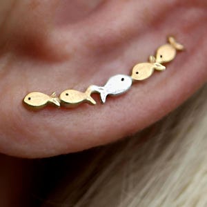 Against the current ear climbers. Gold school of fish with one silver fish swimming upstream.