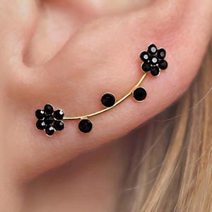 Flower ear climbers. Just 1 earhole needed. Gold over sterling silver and black cz flowers. Waterproof leightweight stud earrings.