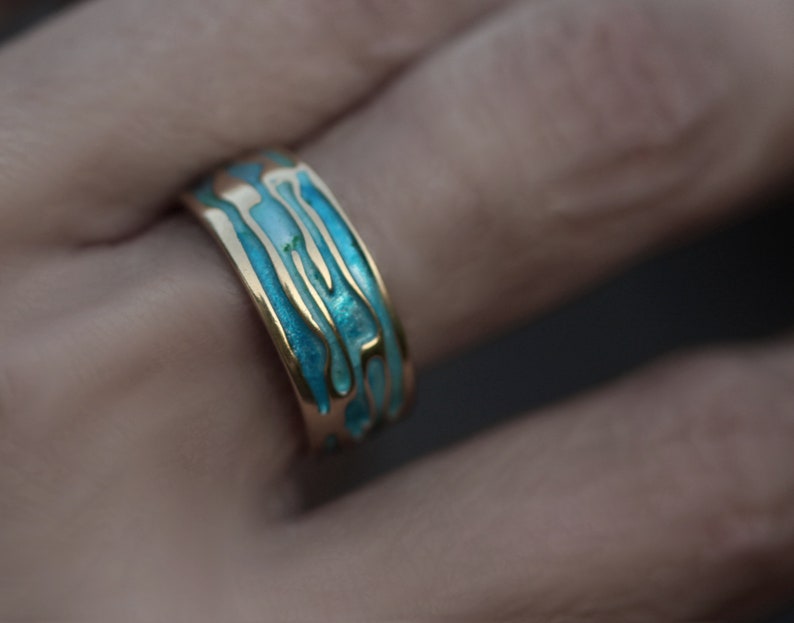 Ocean Ring. 18k gold plated sterling silver. Enamel in shades of turquoise. Unique handmade ring for women. Waterproof. image 5