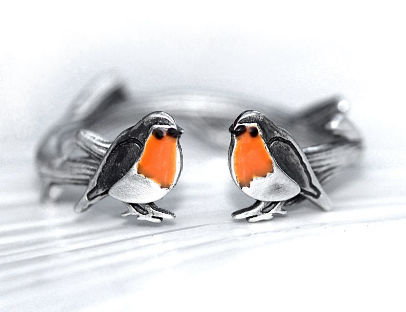 Red Robin open ring. Sterling silver and orange enamel. Unique nature inspired bird ring for her. image 6