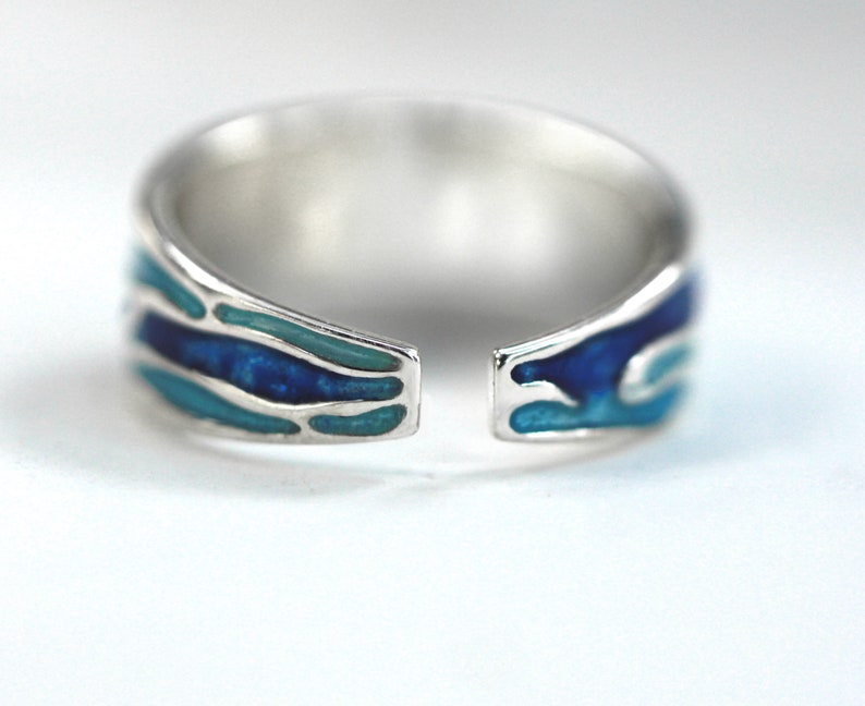 Ocean Ring. Sterling Silver ring with embedded blue turquoise waves. Enameled. Unique handmade holiday gifts. image 6