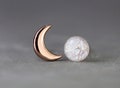 Tiny Rose Gold moon & glass opal stud earrings. Mismatched dainty earrings for her. Sterling rose gold plated.