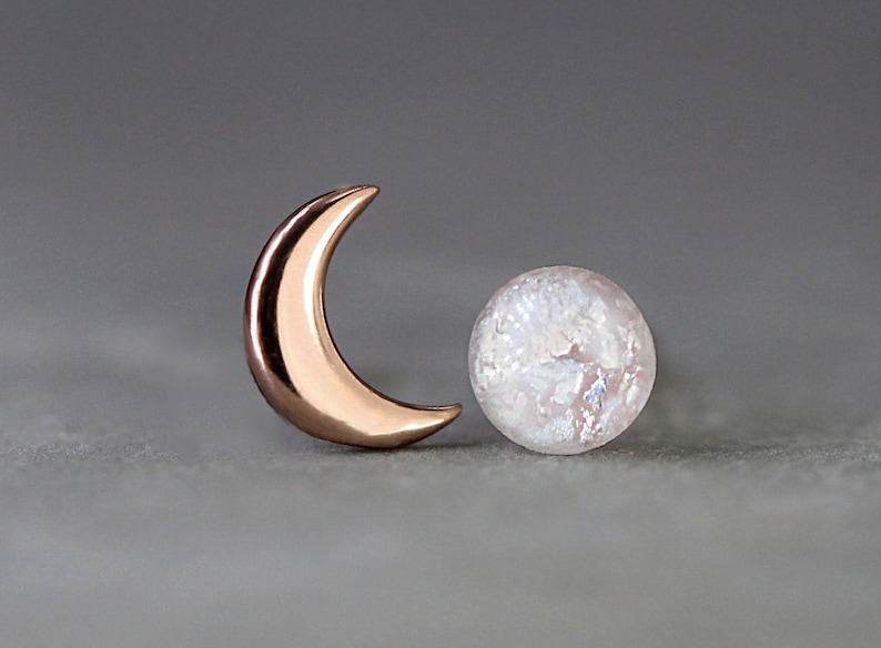 Tiny Rose Gold moon & glass opal stud earrings. Mismatched dainty earrings for her. Sterling rose gold plated. image 1