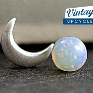 Sterling Crescent Moon and glass opal stud earrings. Mismatched dainty earrings for her. Bridal earrings, bridesmaid. image 2