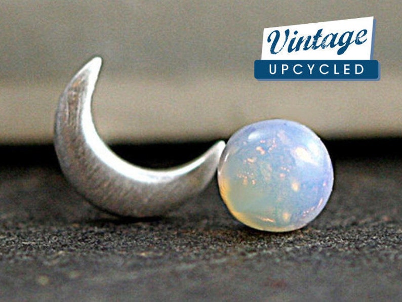 Sterling Crescent Moon and glass opal stud earrings. Mismatched dainty earrings for her. Bridal earrings, bridesmaid. image 2