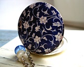 SALE 40% OFF: Delft Style - dark blue enameled locket with flower swirls, mother of pearl and glass stone