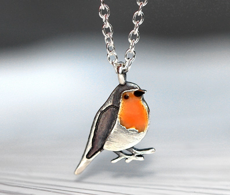 Red Robin open ring. Sterling silver and orange enamel. Unique nature inspired bird ring for her. image 9