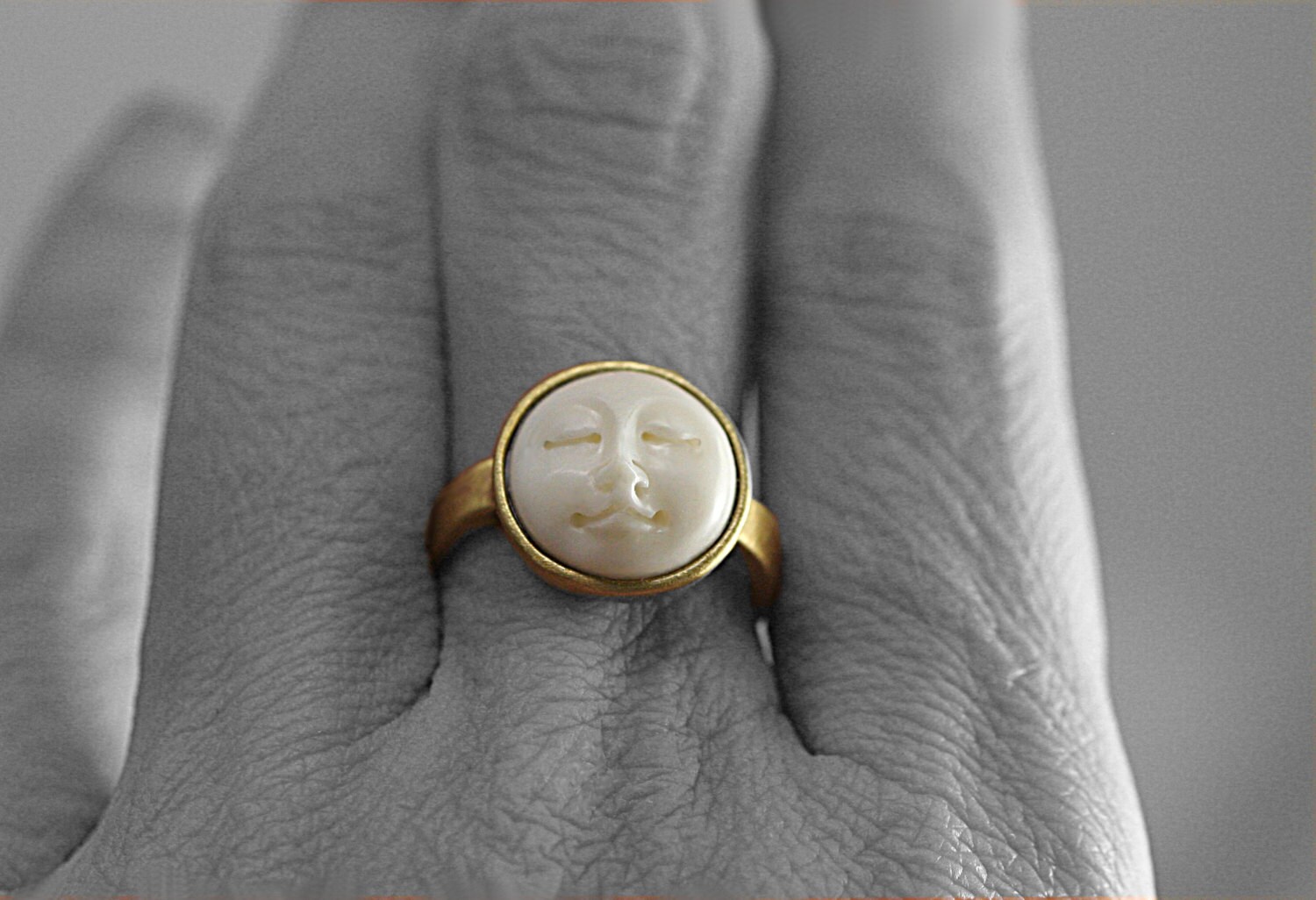Moon Face Ring. Hand Casted Full Moon in Brass Gold Setting. 