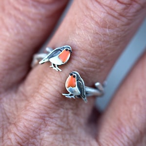 Red Robin open ring. Sterling silver and orange enamel. Unique nature inspired bird ring for her. image 3