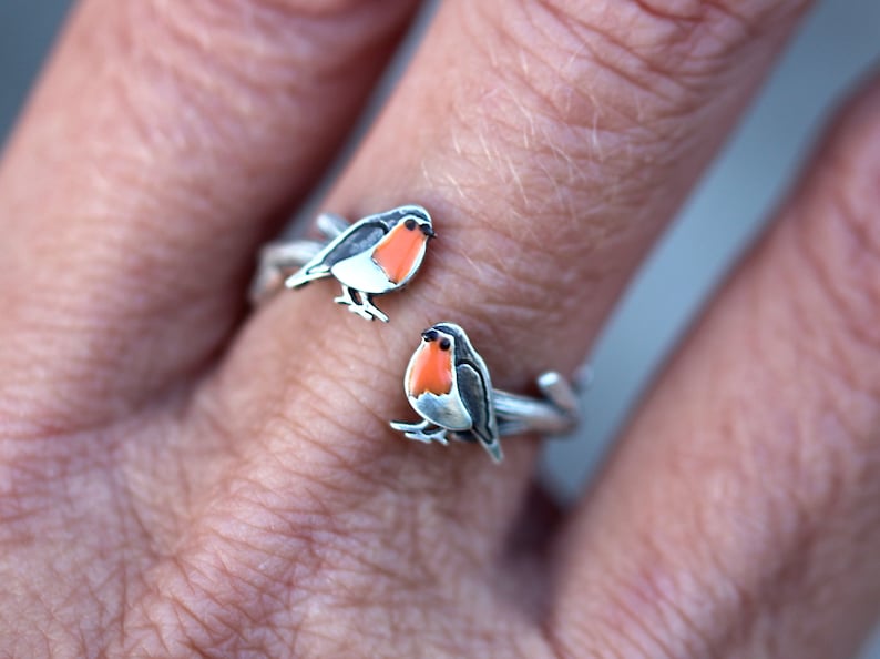 Red Robin open ring. Sterling silver and orange enamel. Unique nature inspired bird ring for her. image 3