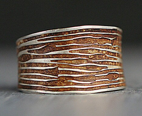 Sterling Tree Bark ring. Wide band adjustable ring with wooden | Etsy