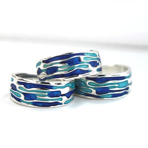 Ocean Ring. Sterling Silver ring with embedded blue turquoise waves. Enameled. Unique handmade holiday gifts. image 7