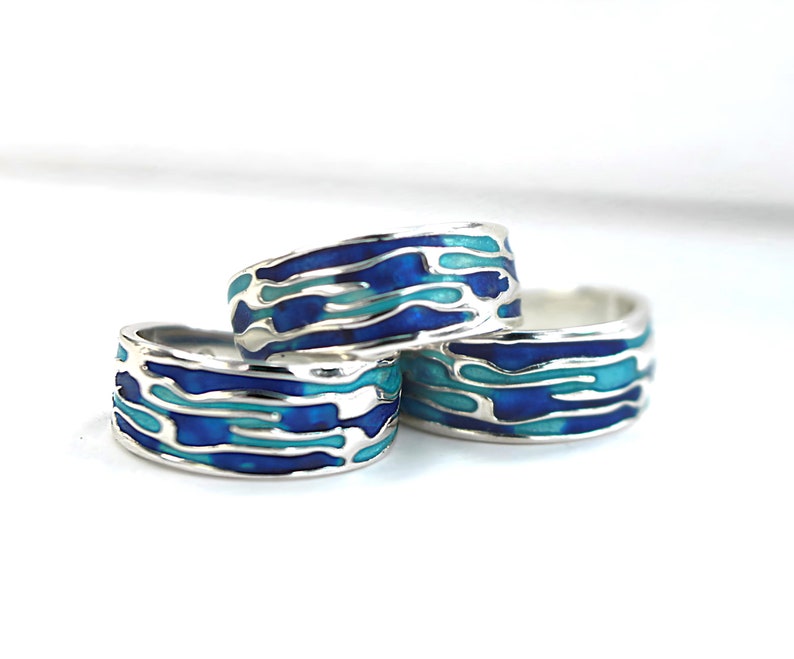 Ocean Ring. Sterling Silver ring with embedded blue turquoise waves. Enameled. Unique handmade holiday gifts. image 7