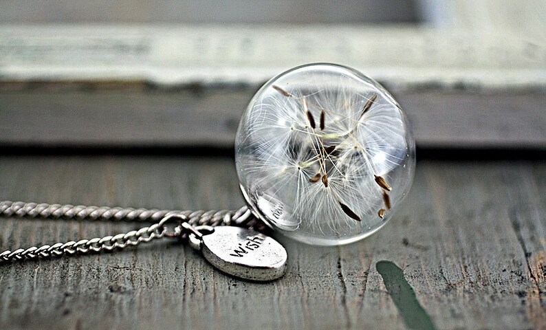 PURE & SIMPLE silver necklace with Real Dandelion Seeds and WISH charm 