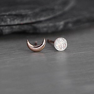 Tiny Rose Gold moon & glass opal stud earrings. Mismatched dainty earrings for her. Sterling rose gold plated. image 6