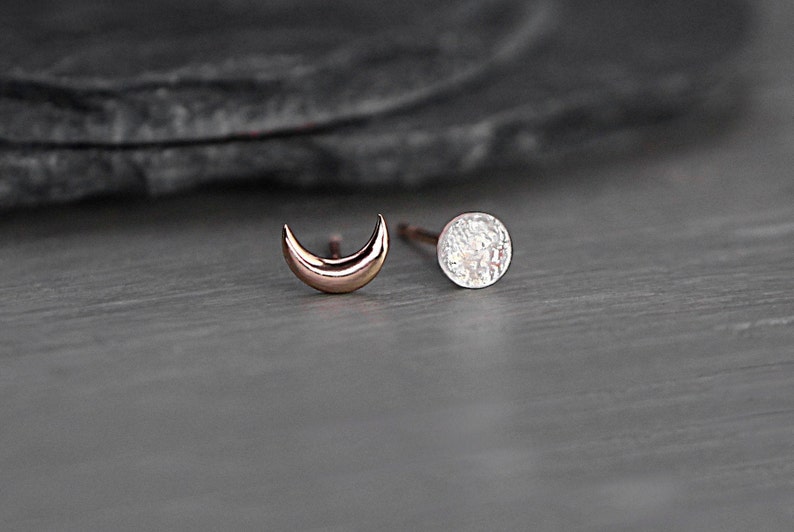 Tiny Rose Gold moon & glass opal stud earrings. Mismatched dainty earrings for her. Sterling rose gold plated. image 6