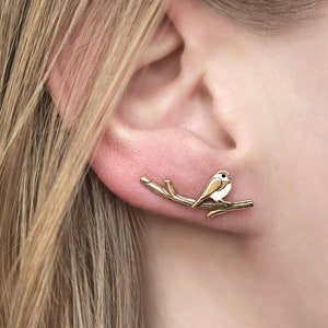 New: Chickadee bird ear climbers. Gold over Sterling Silver & enamel. Just 1 ear hole needed. Black capped chickadee. Unique gift for her. zdjęcie 2