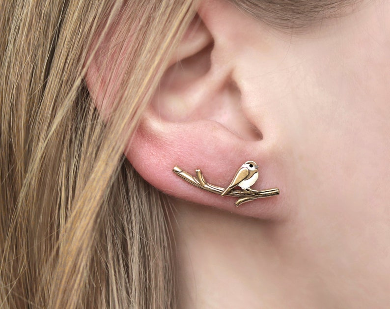 New: Chickadee bird ear climbers. Gold over Sterling Silver & enamel. Just 1 ear hole needed. Black capped chickadee. Unique gift for her. zdjęcie 2