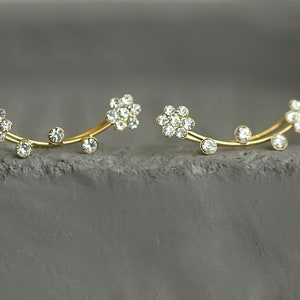 Flower ear climbers. JUST 1 EAR HOLE needed. Gold over sterling silver and cz flowers. Waterproof leightweight earrings. image 3