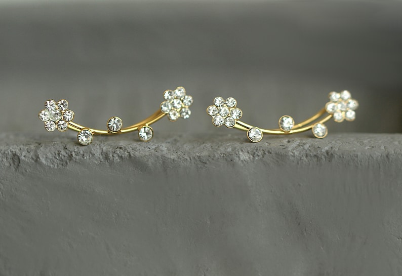 Flower ear climbers. JUST 1 EAR HOLE needed. Gold over sterling silver and cz flowers. Waterproof leightweight earrings. image 3