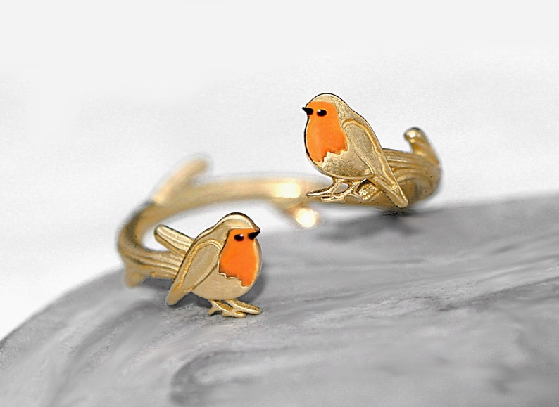 Bague ouverte Red Robin. Or sur argent sterling et émail orange. Bague oiseau unique inspirée de la nature pour elle. image 3