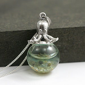 Sterling octopus seawater necklace. 925 sterling octopus carrying glass orb filled with seawater and tiny pebbles. Sterling necklace. image 3