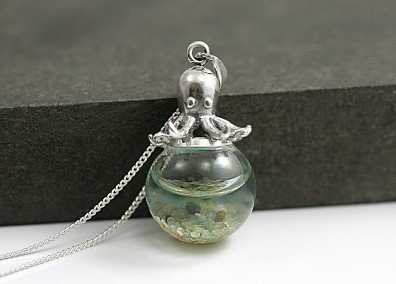 Sterling octopus seawater necklace. 925 sterling octopus carrying glass orb filled with seawater and tiny pebbles. Sterling necklace. image 3