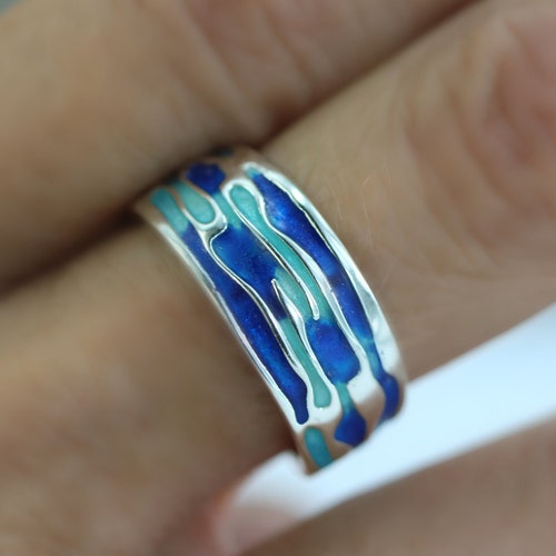 Ocean Ring. Sterling Silver ring with embedded blue turquoise waves. Enameled. Unique handmade holiday gifts.