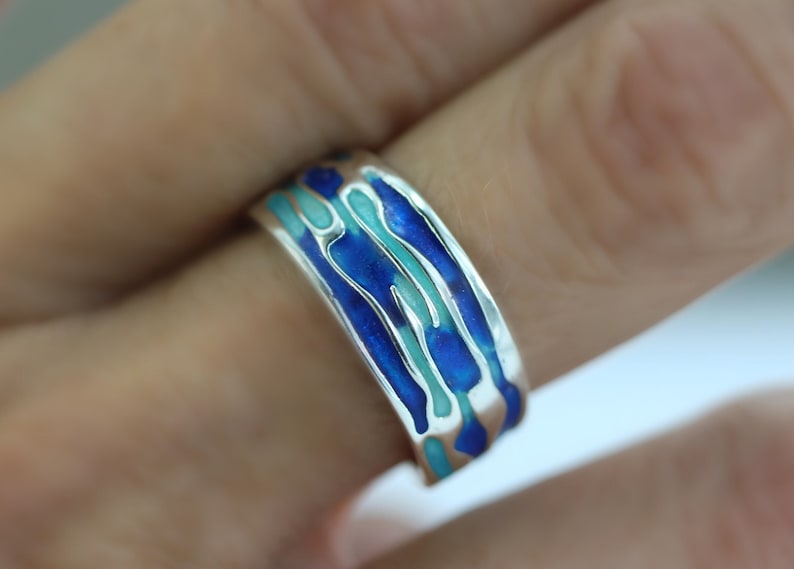 Ocean Ring. Sterling Silver ring with embedded blue turquoise waves. Enameled. Unique handmade holiday gifts. image 1