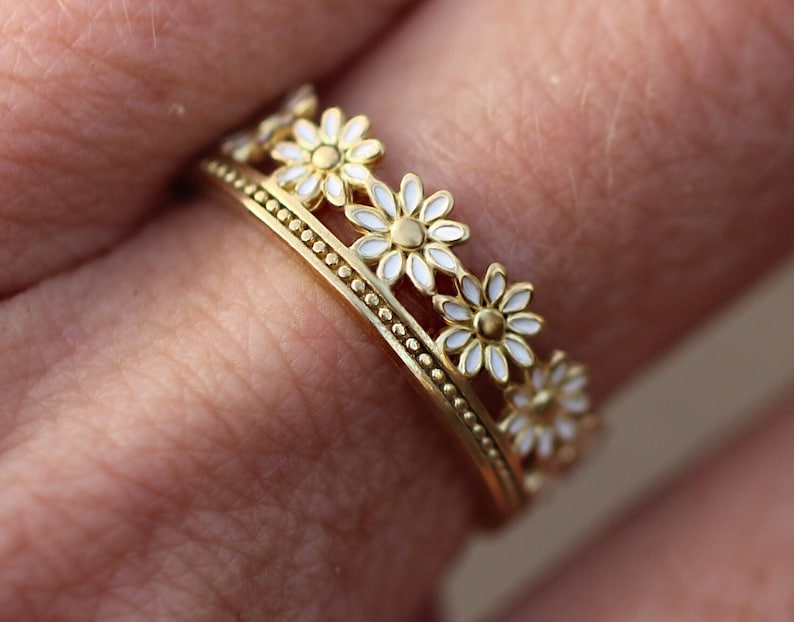 Daisy Ring. Gold over sterling and white enamel. Dainty adjustable flower ring. Stackable. Best gifts for her. Unique jewelry. image 1