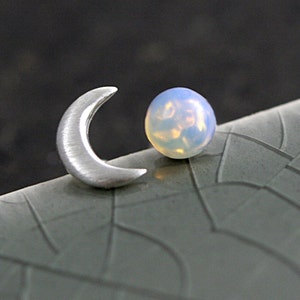 Sterling Crescent Moon and glass opal stud earrings. Mismatched dainty earrings for her. Bridal earrings, bridesmaid. image 3