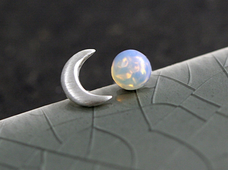 Sterling Crescent Moon and glass opal stud earrings. Mismatched dainty earrings for her. Bridal earrings, bridesmaid. image 3