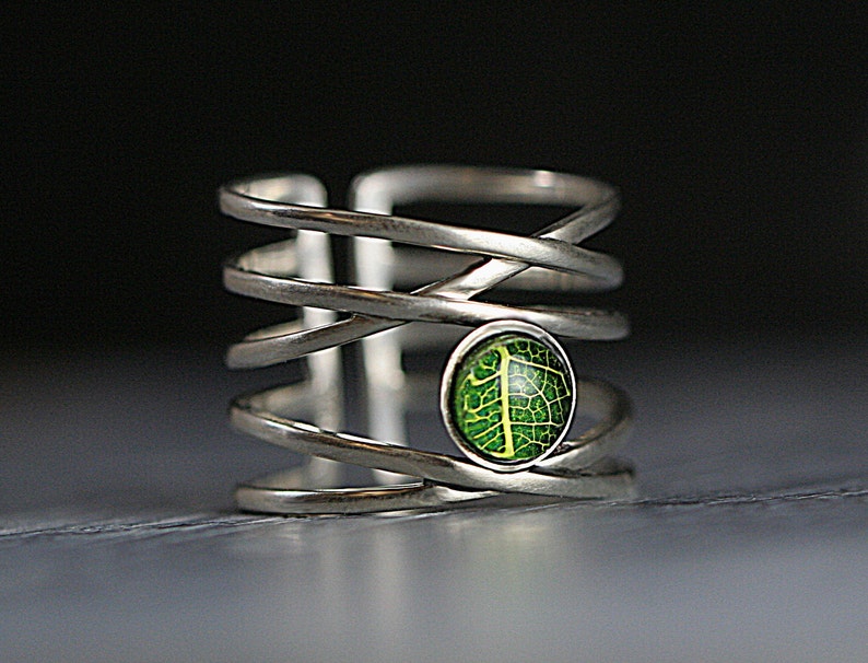 Nature inspired gift for her. Adjustable Sterling Silver ring with real leaf Multiple bands with tiny leaf in resin and glass