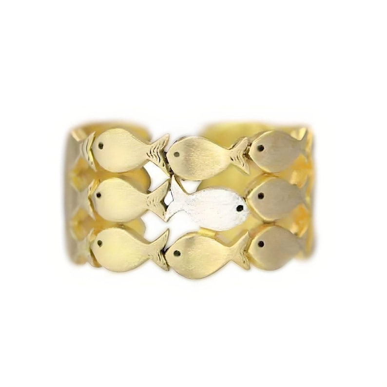 Swimming Against The Current. Sterling GOLD adjustable ring. School of fish with one silver fish swimming upstream. Best gifts for her. image 2