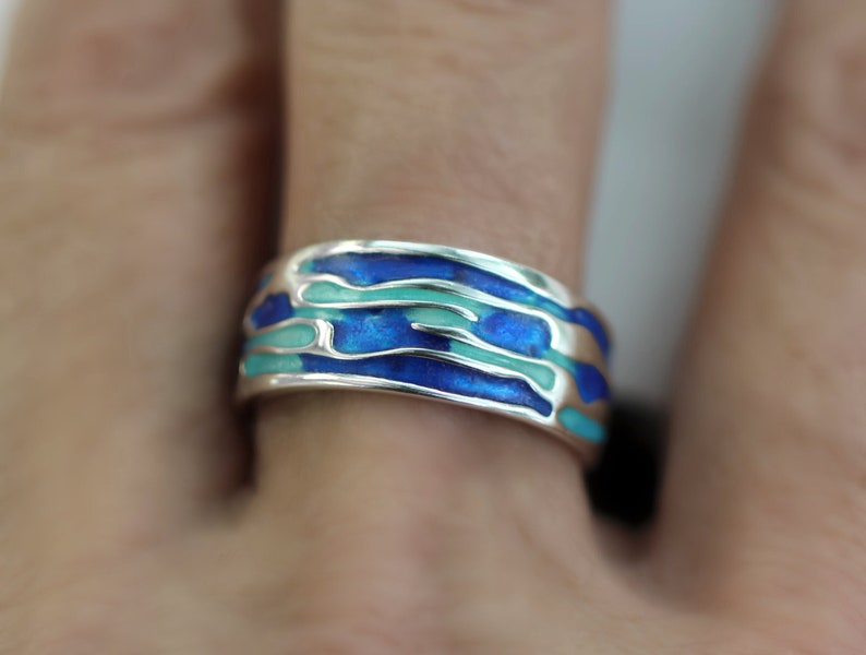 Ocean Ring. Sterling Silver ring with embedded blue turquoise waves. Enameled. Unique handmade holiday gifts. image 2