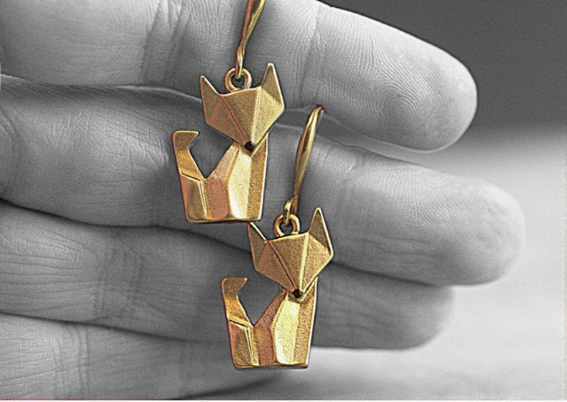 Origami Fox dangle earrings. Hand painted and gilded. Leightweight. image 3