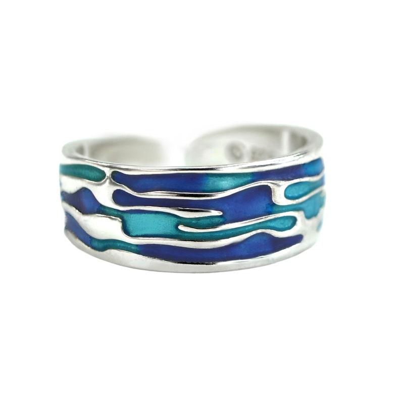 Ocean Ring. Sterling Silver ring with embedded blue turquoise waves. Enameled. Unique handmade holiday gifts. image 3