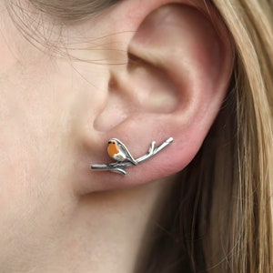 Robin Bird ear climbers. Sterling Silver and orange enamel. Just 1 ear hole needed. afbeelding 4