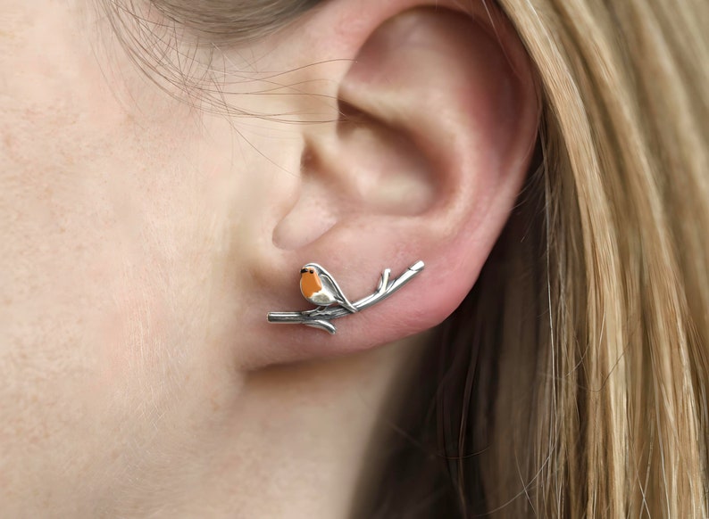 Robin Bird ear climbers. Sterling Silver and orange enamel. Just 1 ear hole needed. imagen 4